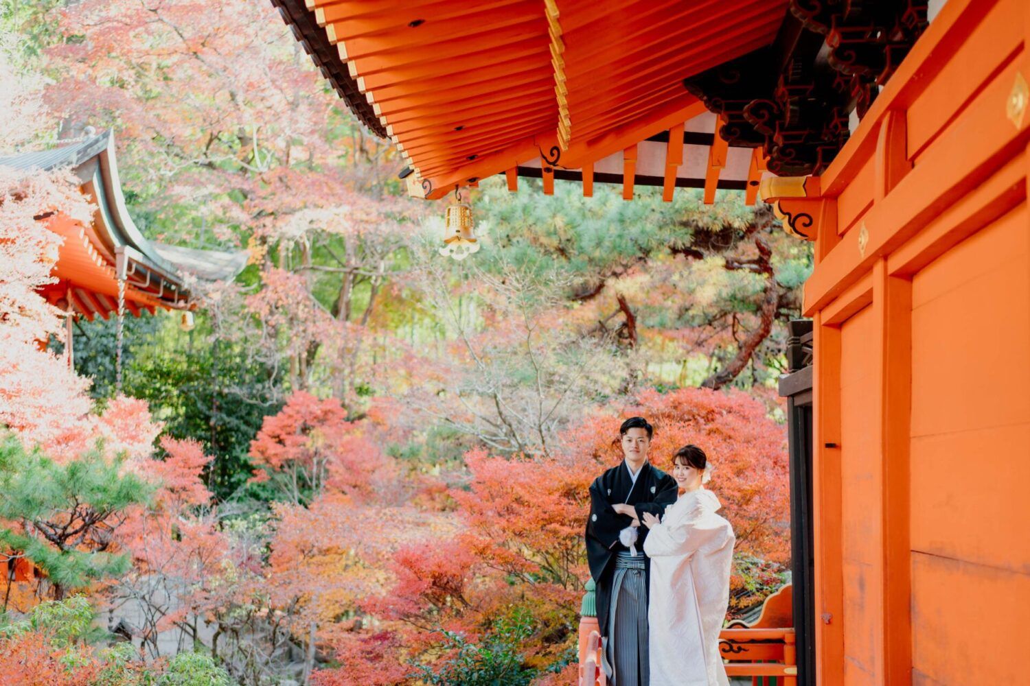 紅葉の毘沙門堂にて。白無垢の花嫁と新郎。