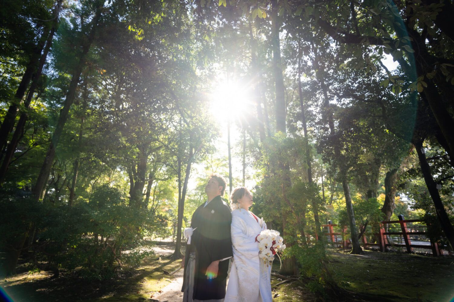 上賀茂神社の光が差し込む渉渓園での白無垢の花嫁と新郎