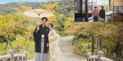 京都円山公園にて。和装姿の花嫁と寄り添う新郎。