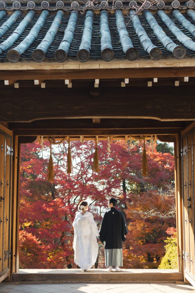 紅葉の毘沙門堂にて。白無垢の花嫁と新郎。