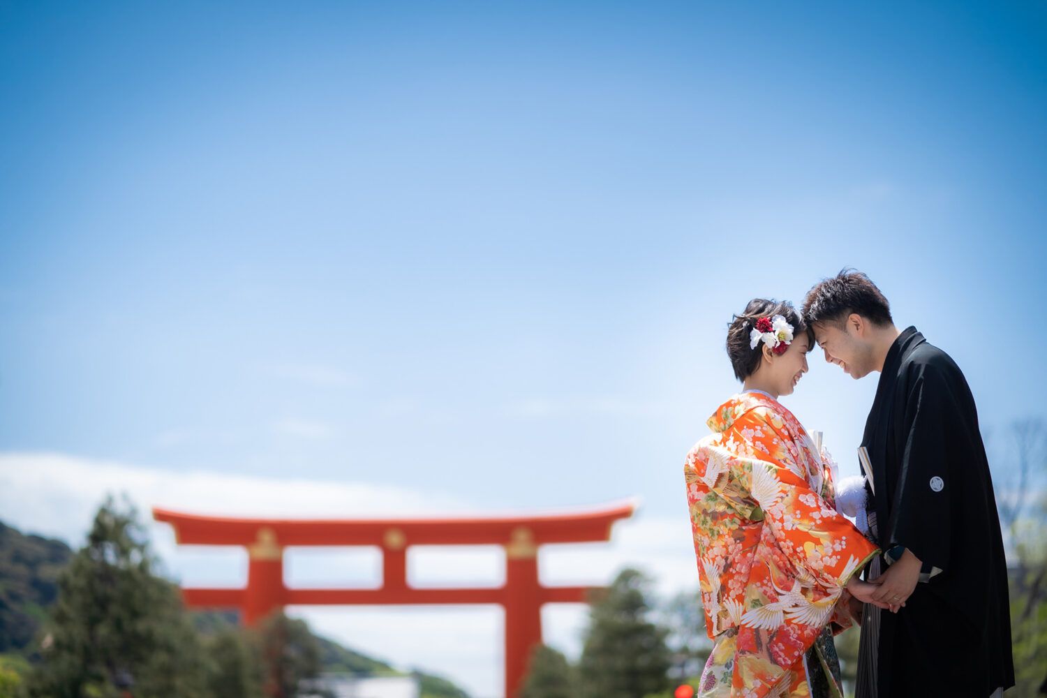 平安神宮の大鳥居を背景に見つめあっている色打掛の花嫁と新郎