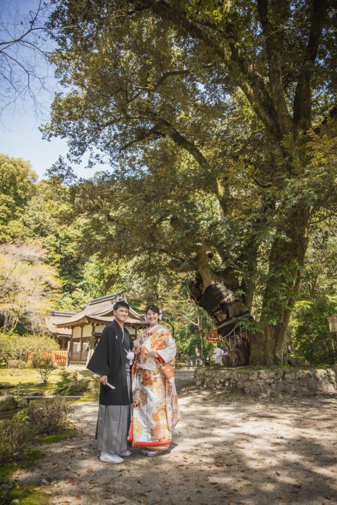 上賀茂神社の渉渓園で色打掛の花嫁と新郎