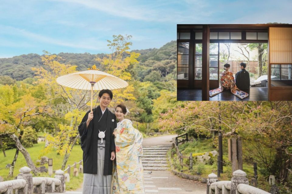 京都円山公園にて。和装姿の花嫁と寄り添う新郎。