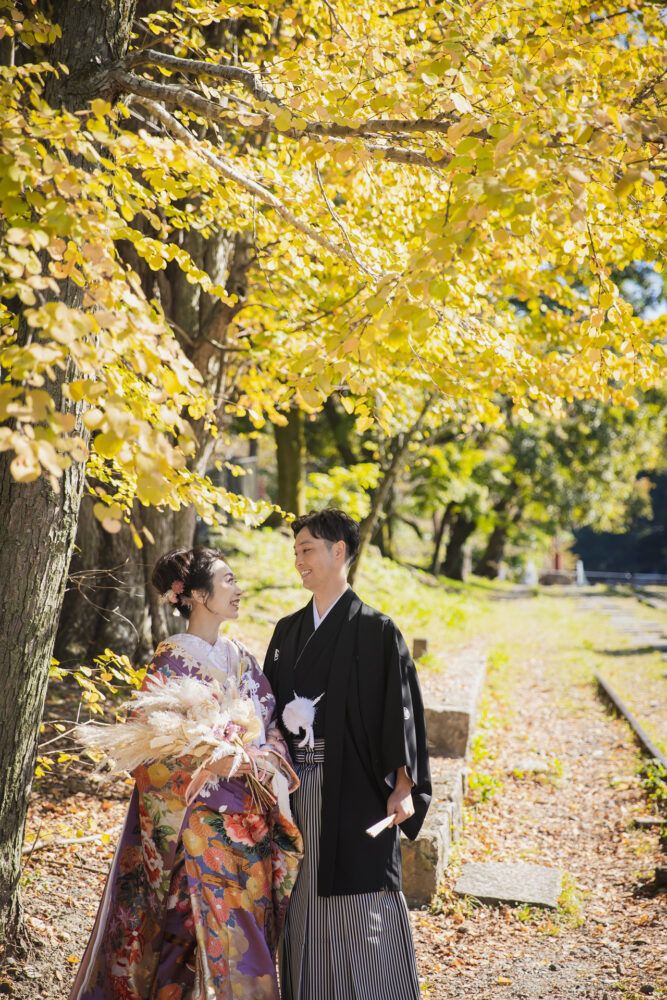 円山公園の黄金のイチョウの下で見つめあうふたり