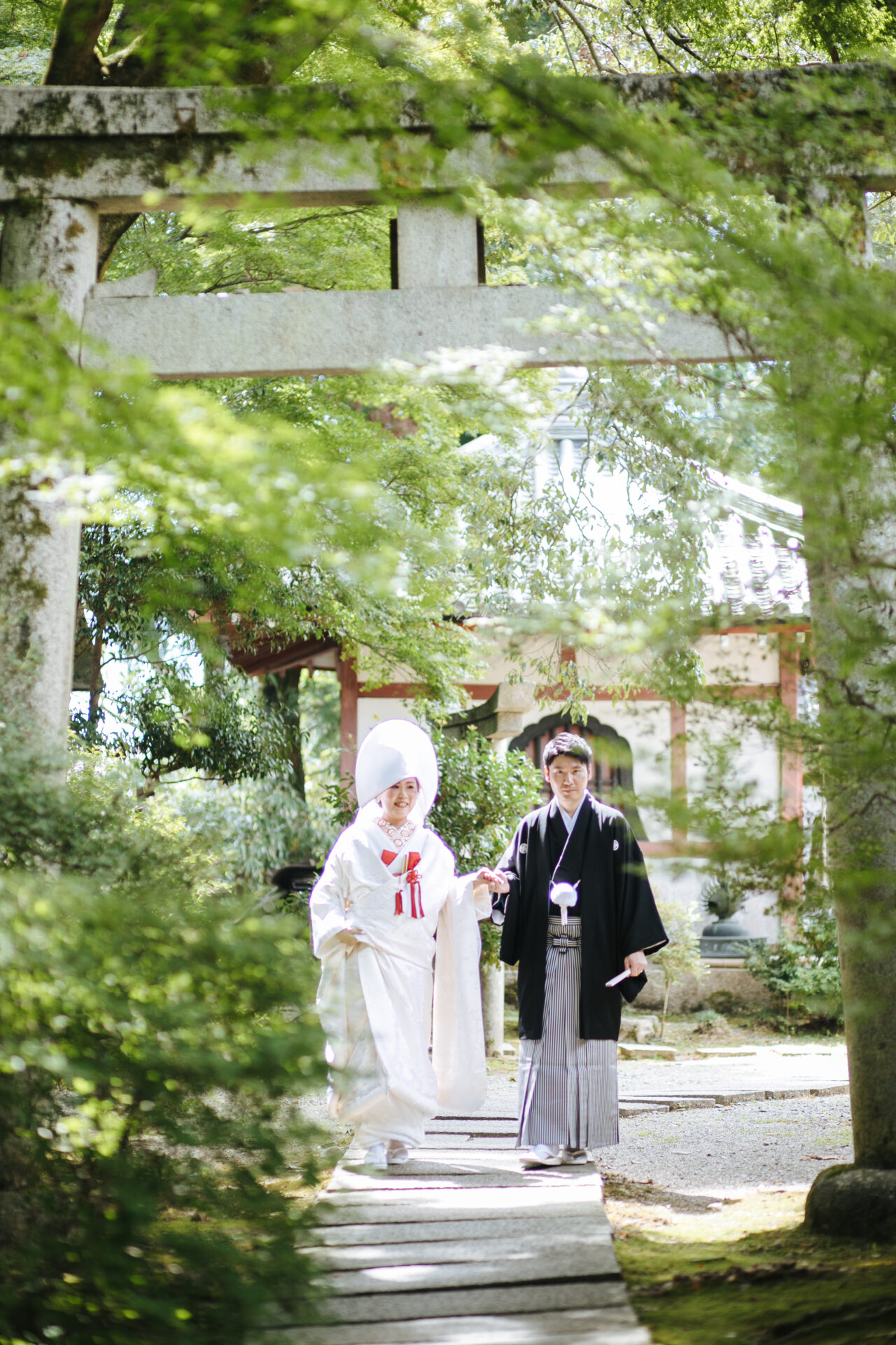 新緑の緑にかこまれる鳥居はまるで別世界に来たような美しさ。白無垢の上品さをより際立たせる