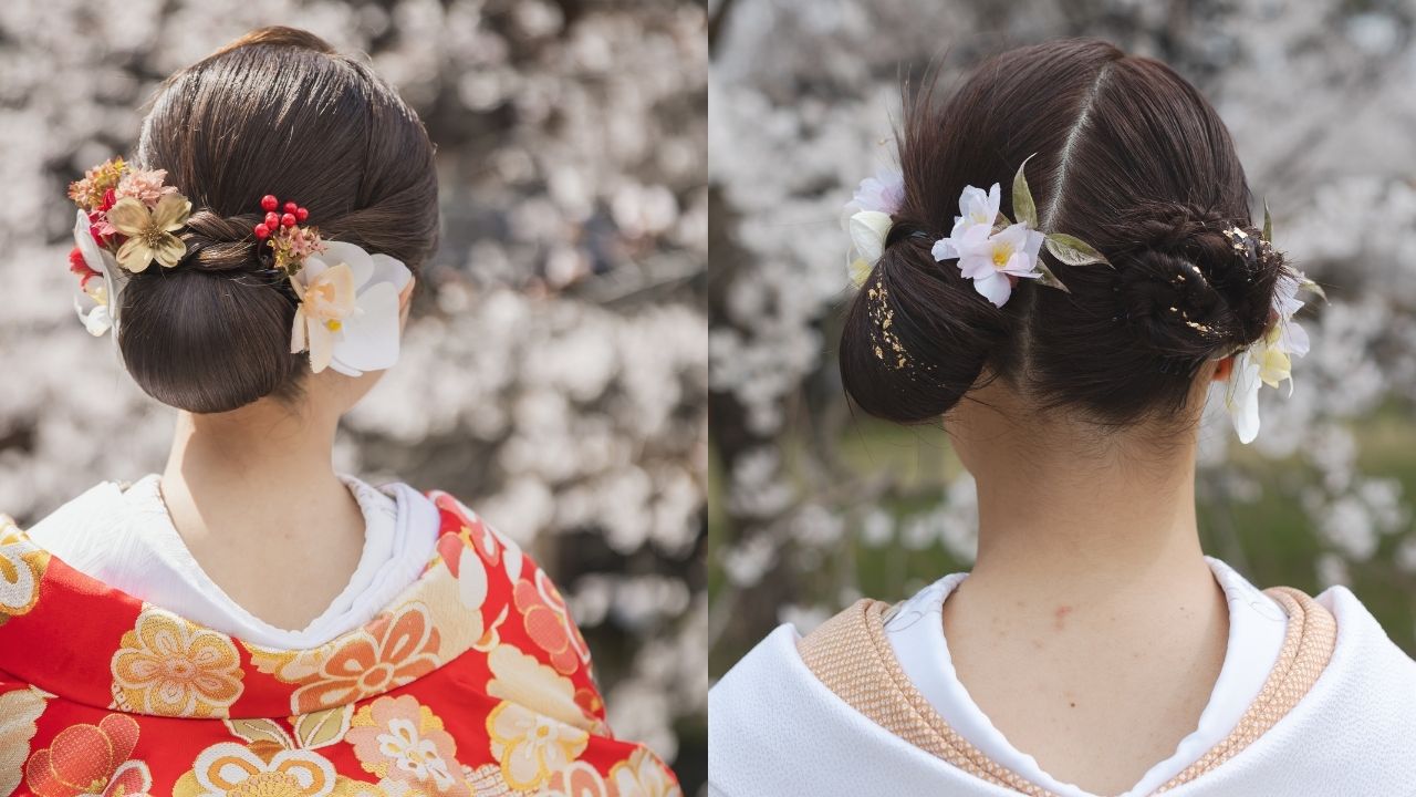 シンプルな下目シニヨンヘアスタイルはいつの時代も変わらずに人気。
付けるお花の雰囲気でシンプルにも華やかにもでき、洋装にも和装にも合うスタイルです♪
また、ツインお団子アレンジのヘアスタイルも2025年のトレンド。お団子の作り方で個性を出せそう。