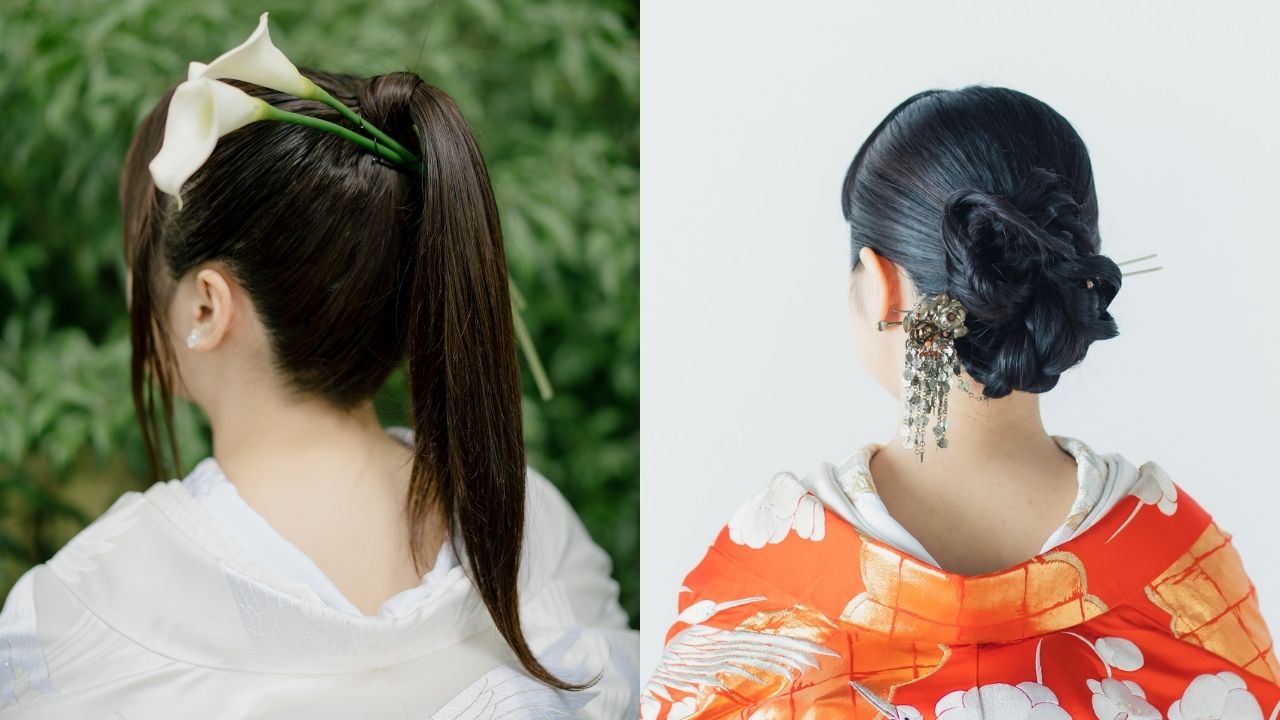 和装に映える最新フォトウェディングヘアスタイルをご紹介。左はモダンな印象のポニーテールアレンジ。大ぶりのカラーリリーをあしらい、シンプルながらも写真映え抜群のブライダルスタイルに。右はクラシカルな色打掛に合わせた和装ヘア。低めのシニヨンに繊細なかんざしを添えた王道の和装髪型で、品格ある一枚を演出します。シンプルなシニヨンでも、みつあみや編み方を変えるだけで個性的なデザインに。京都などの和のロケーションにもマッチする、今注目の和装フォトウェディング髪型トレンドです。