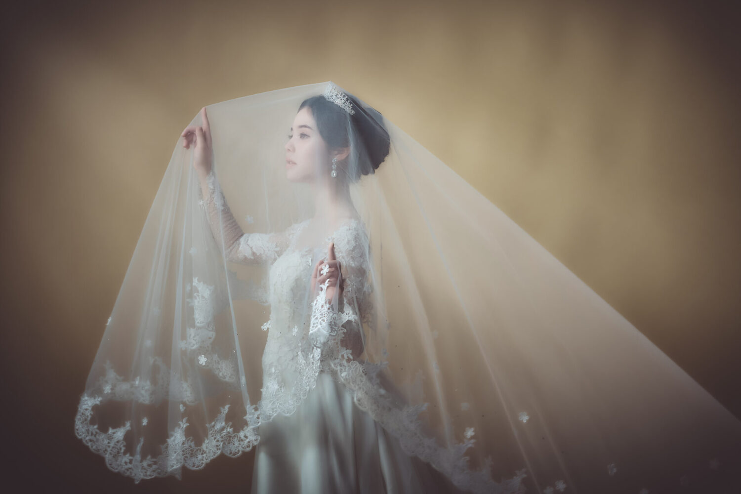 ベールをかぶったウェディングドレス姿の花嫁
