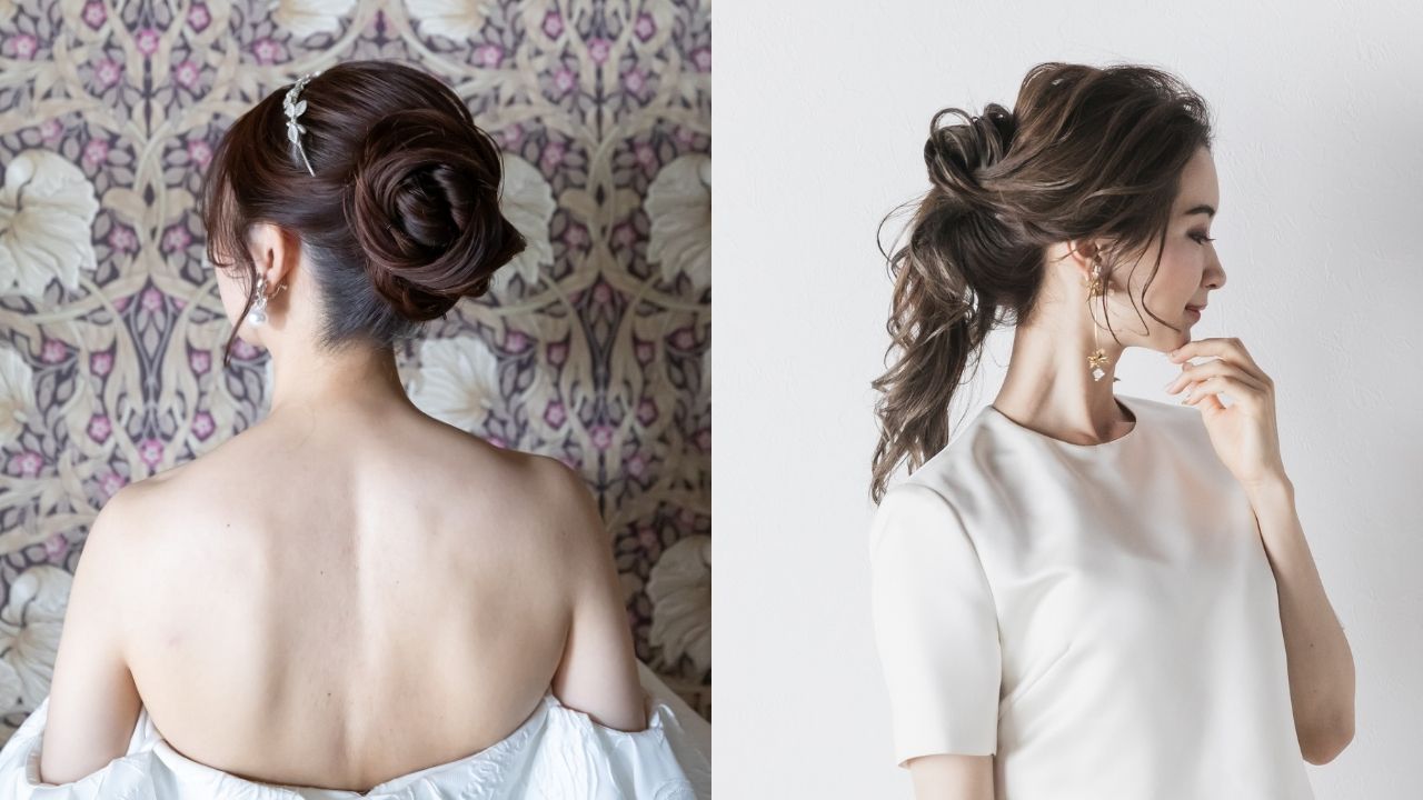 フォトウェディングに人気の洋装ヘアスタイルを2パターンご紹介。左はクラシックなアップスタイル。ドレスに映えるボリューム感のあるシニヨンと繊細なヘアアクセサリーが、上品で華やかな花嫁姿を演出します。右は抜け感たっぷりのルーズなポニーテールアレンジ。ナチュラルな質感とラフな動きがトレンド感をプラスし、カジュアルな洋装ウェディングや前撮りにもぴったりです。どちらも今注目のブライダルヘアで、自分らしさを表現したい花嫁におすすめです。