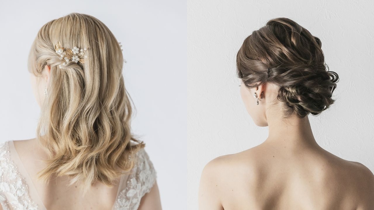 フォトウェディングにぴったりの洋装ヘアスタイルを2タイプご紹介。左はゆるやかなウェーブを活かしたハーフアップスタイル。ゴールド×パールのヘッドアクセが華やかさをプラスし、ナチュラルな雰囲気のドレスやガーデンウェディングにも最適です。右は編み込みを取り入れた上品なふわっとまとめ髪スタイル。顔まわりの毛流れが美しく、クラシカルなドレスにマッチします。どちらも2025年の花嫁ヘアトレンドを押さえた、人気のフォトウェディング髪型です。