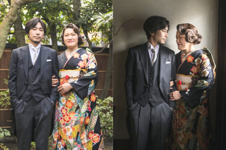 大正ロマン風の和洋ミックスコーデ2カット|黒地の色打掛にフィンガーウェーブの花嫁と、モーニングコートの新郎が坪庭と屋内で寄り添う