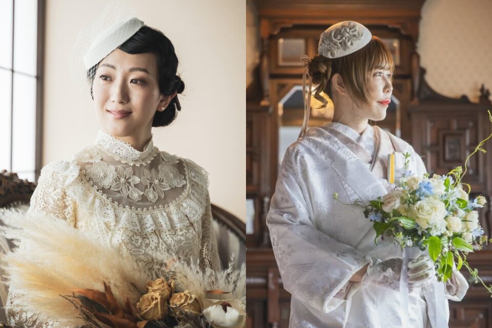 京都の前撮りで人気の大正ロマンスタイル。ヴィンテージドレスとトーク帽を合わせた2人の花嫁
