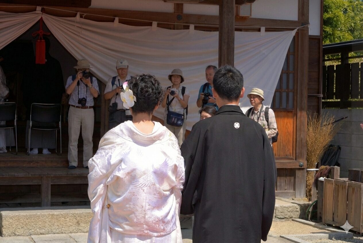 神社での撮影中、観光客のカメラに囲まれる白無垢姿の花嫁と新郎の後ろ姿。ロケーション撮影の失敗例