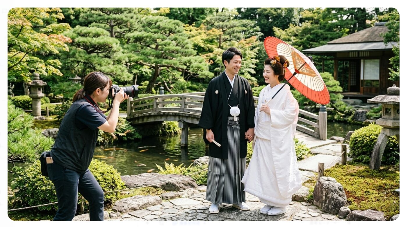 京都のフォトウェディングを安く抑えるコツの解説画像。施設使用料がかかったり、スタッフの出張費がかかるイメージのロケーション撮影風景。