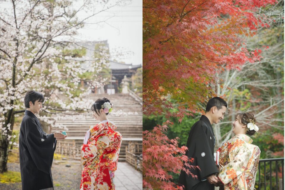 京都の四季を彩る前撮り。満開の桜の下でのプロポーズシーンと、鮮やかな紅葉に包まれて見つめ合う和装の新郎新婦の比較画像。