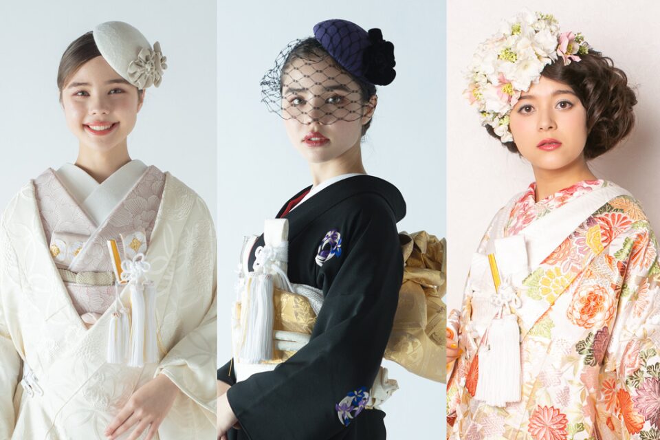 白無垢、黒引き振袖、色打掛にそれぞれトーク帽や網ベール、大ぶりの花飾りを合わせたヘアスタイル一覧。 伝統的な和装に現代的な小物をプラスした、ハイカラなウェディングスタイルです。