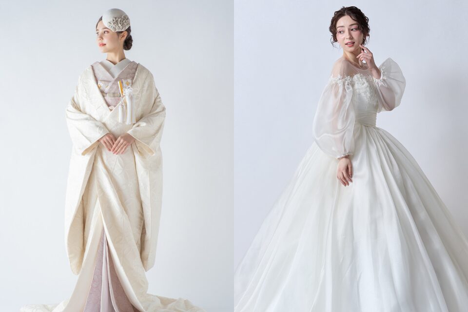 白無垢姿の花嫁とウェディングドレス姿の花嫁を並べた、京都町家寫眞館の衣装比較イメージ