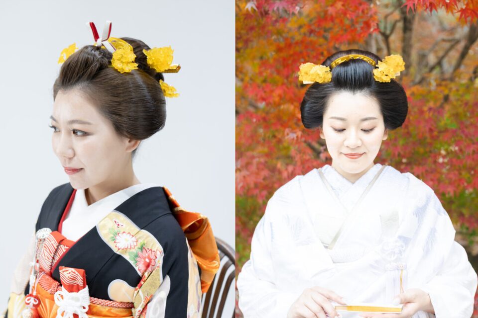 文金高島田の日本髪を合わせた花嫁2パターン|黒引き振袖と、紅葉を背景にした白無垢