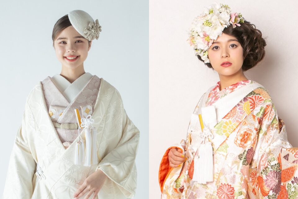 白無垢にトーク帽を合わせたスタイルと、色打掛に生花のヘッドドレスを合わせたレトロモダンな和装ヘア・2パターン