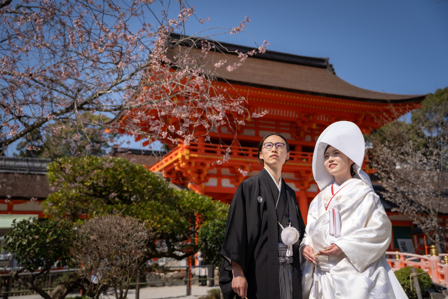 上賀茂神社にて、桜の下でほほ笑む和装の新郎新婦