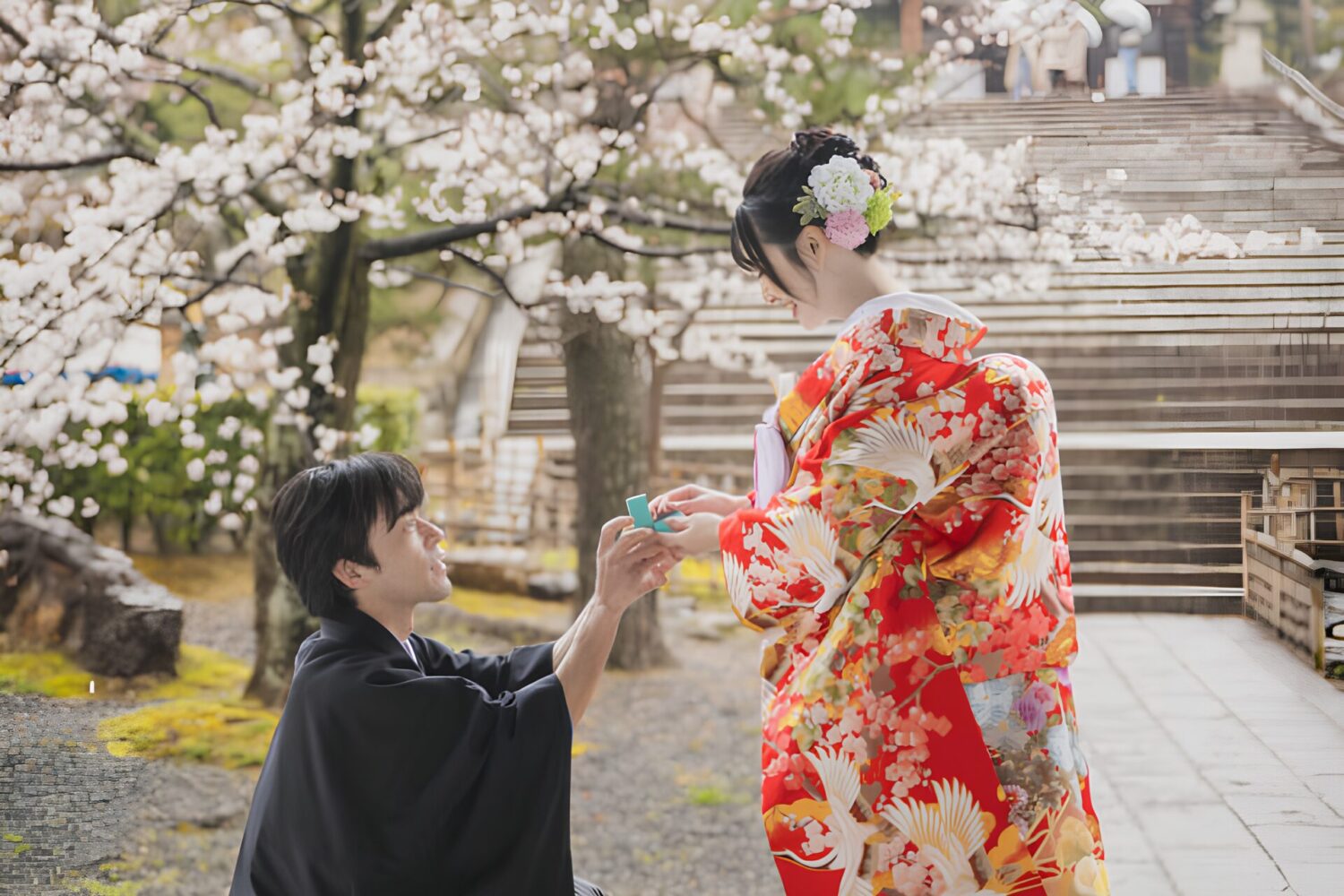 桜の木の下で、片ひざをついて色打掛姿の花嫁に指輪を差し出す紋付姿の新郎