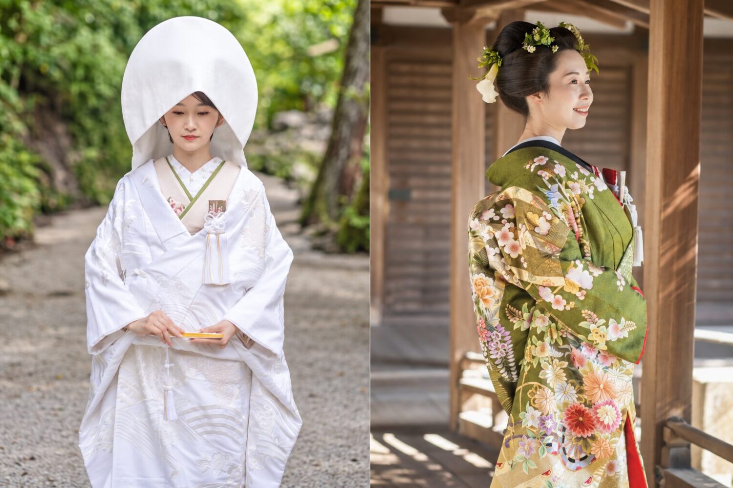 綿帽子をかぶり末広を持つ白無垢姿の花嫁(左)と、緑地に花柄の色打掛に洋髪を合わせた花嫁(右)